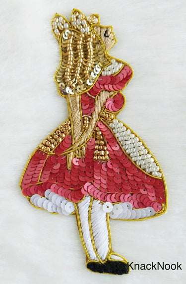 Embroidered Alice In Wonderland Applique With Gold And White Beads, Sequins In Gold, White & Grey / Red / Glitter Gold / Yellow - 210119L243
